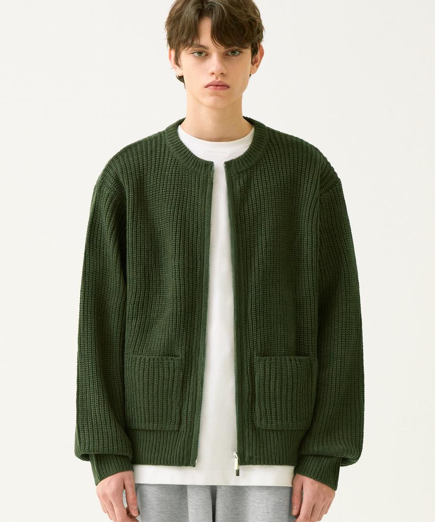 TRILLION Washable Round Neck Hachi Zip-Up Knit (Khaki)