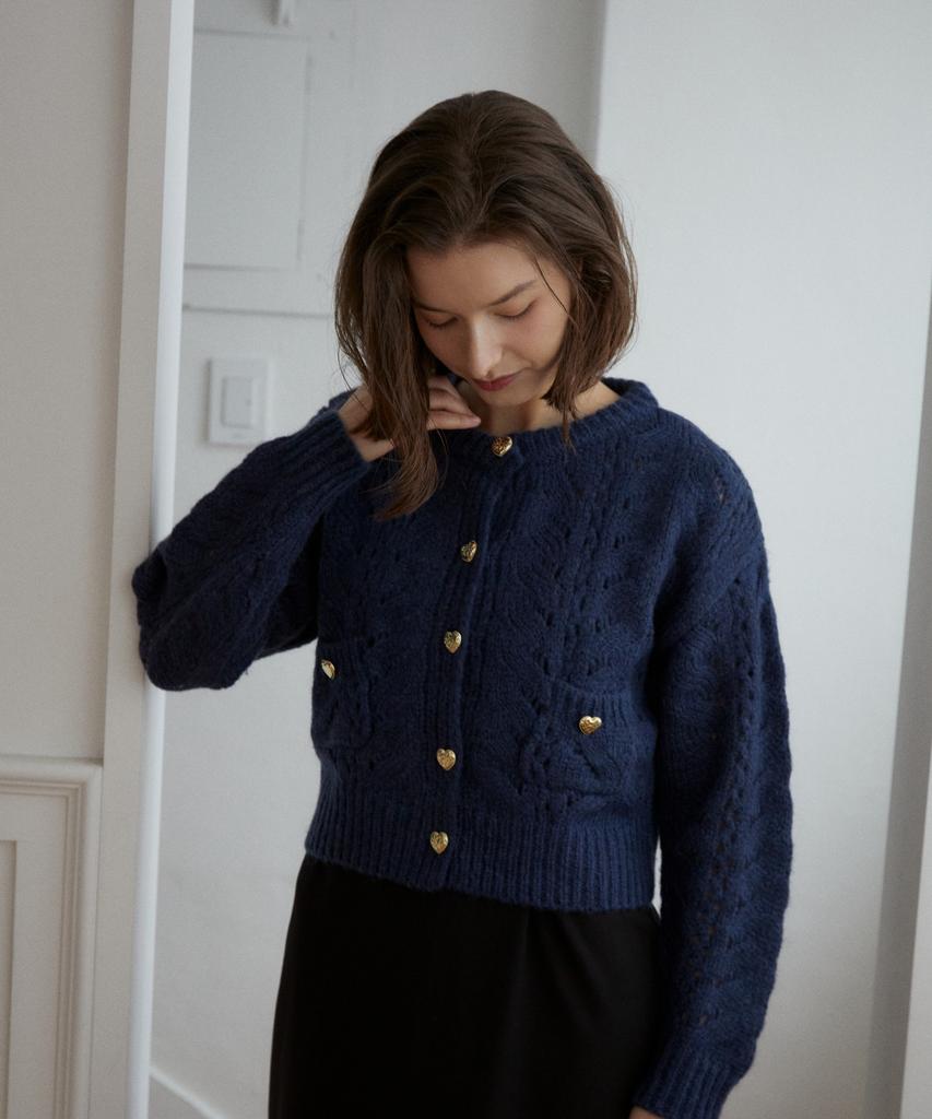 Wioe Heart Button Crochet Cardigan_Navy