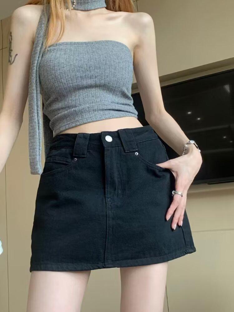 2025 Summer Women's High Waist Distressed Denim A-Line Skirt