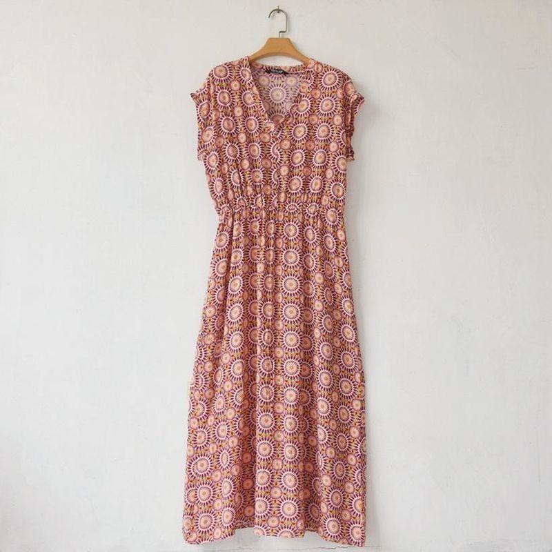 Export Cut Label Plus Size Summer Women's Rayon Print V-neck Waist-Controlled Slimming Mop Extended Nightdress Home Wear