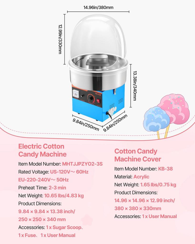 Electric Cotton Candy Machine, 1000W Electric Floss Maker With Cover, Commercial Cotton Candy Machine w/Stainless Steel Bowl & Sugar Scoop, Ideal for