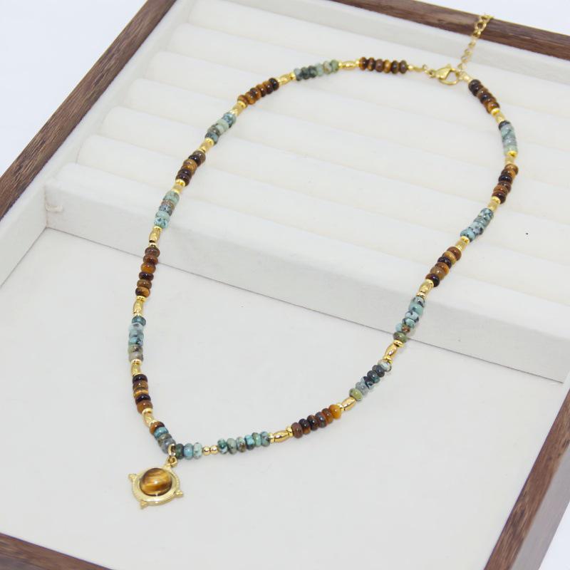 Tiger Eye & Titanium Steel Clavicle Necklace: Fashionable, Unique Design with Natural Stone Beads for Women
