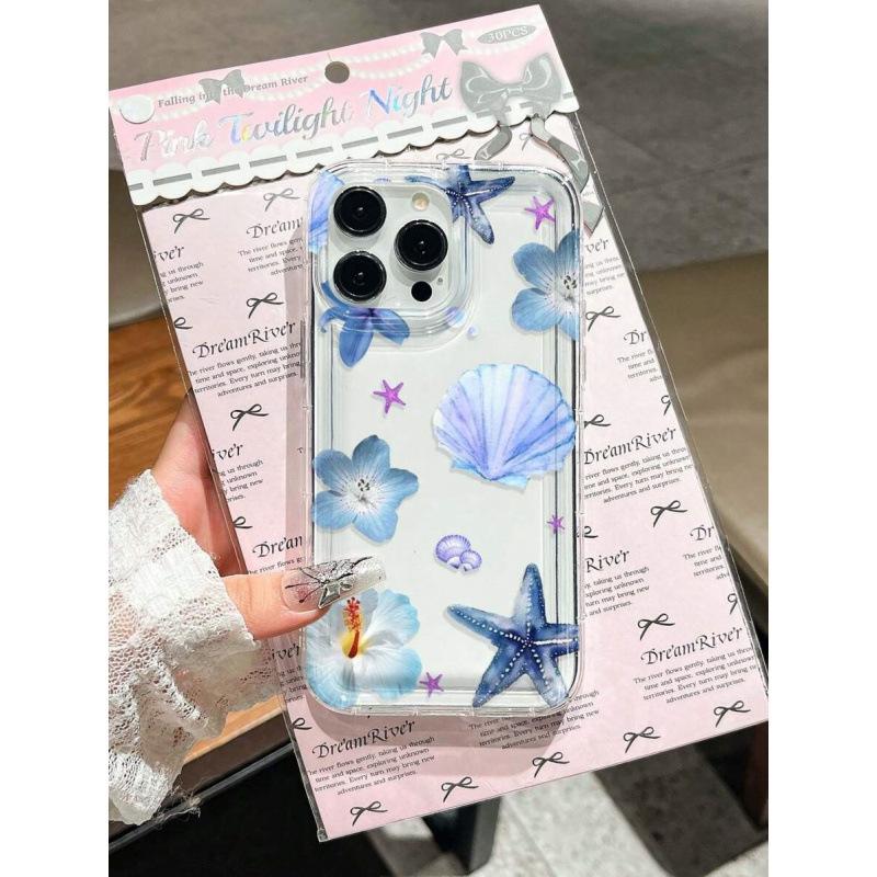 Blue Shell Starfish Flower for iPhone16promax Apple 15 Mobile Phone Case 14 Transparent 13 Airbag 12 Burst 11