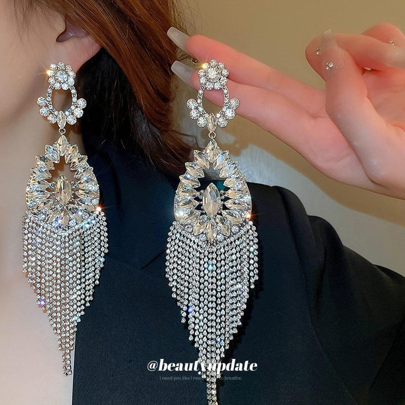 Silver Needle Diamond Flower Hollow Water Drop Earrings Personality Exaggeration Long Fringed Earrings Fashion Heavy Industry Earrings