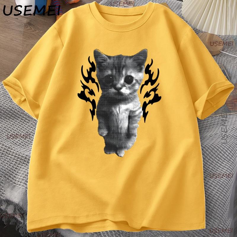 Y2K Goofy Cat Meme T Shirt 90s Vintage Cotton Short Sleeve Tshirt Streetwear Round Neck T Shirt Causal Oversized Clothing