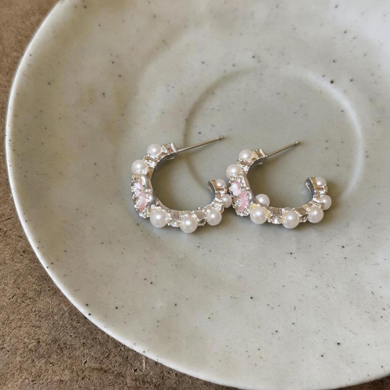 Silver Needle Rhinestone Pearl C-Shaped Floral Stud Earrings - Elegant Luxury Style Jewelry