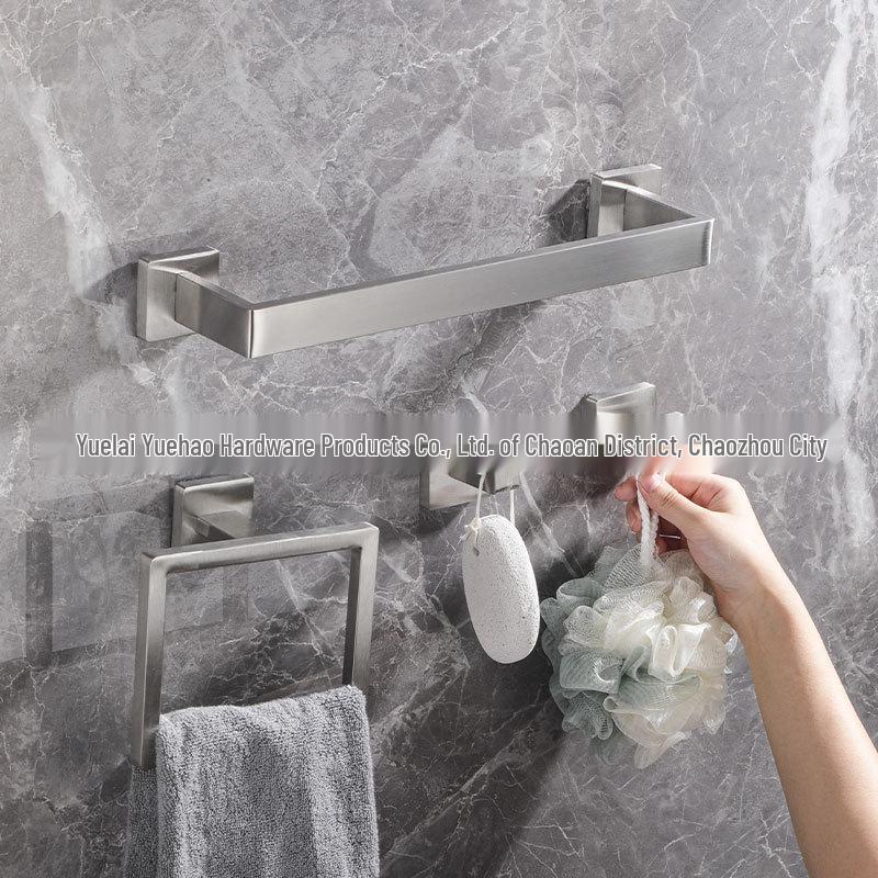 Pětidílná sada do koupelny z nerezové oceli: Čtvercový držák na ručníky, Polička, Kroužek, Háček - Montáž bez vrtání