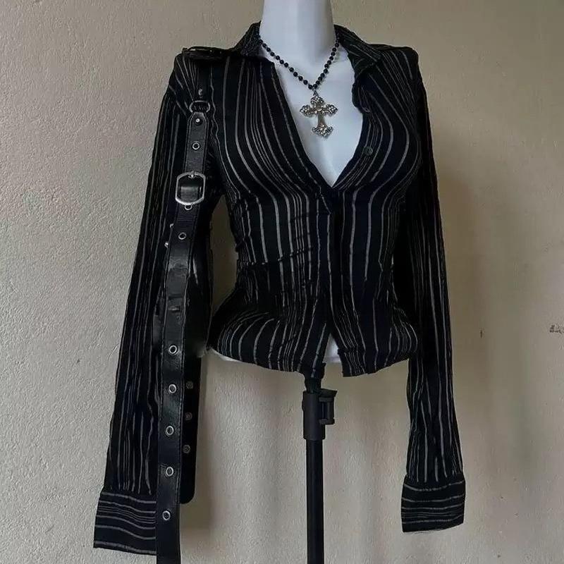 2KWEIRD Streifen Heißes Mädchen Jungfrau Klassisches Rosa Y2K Mode Damenbekleidung Freizeithemden Harajuku Langarm Vintage Chic Klassische Oberteile