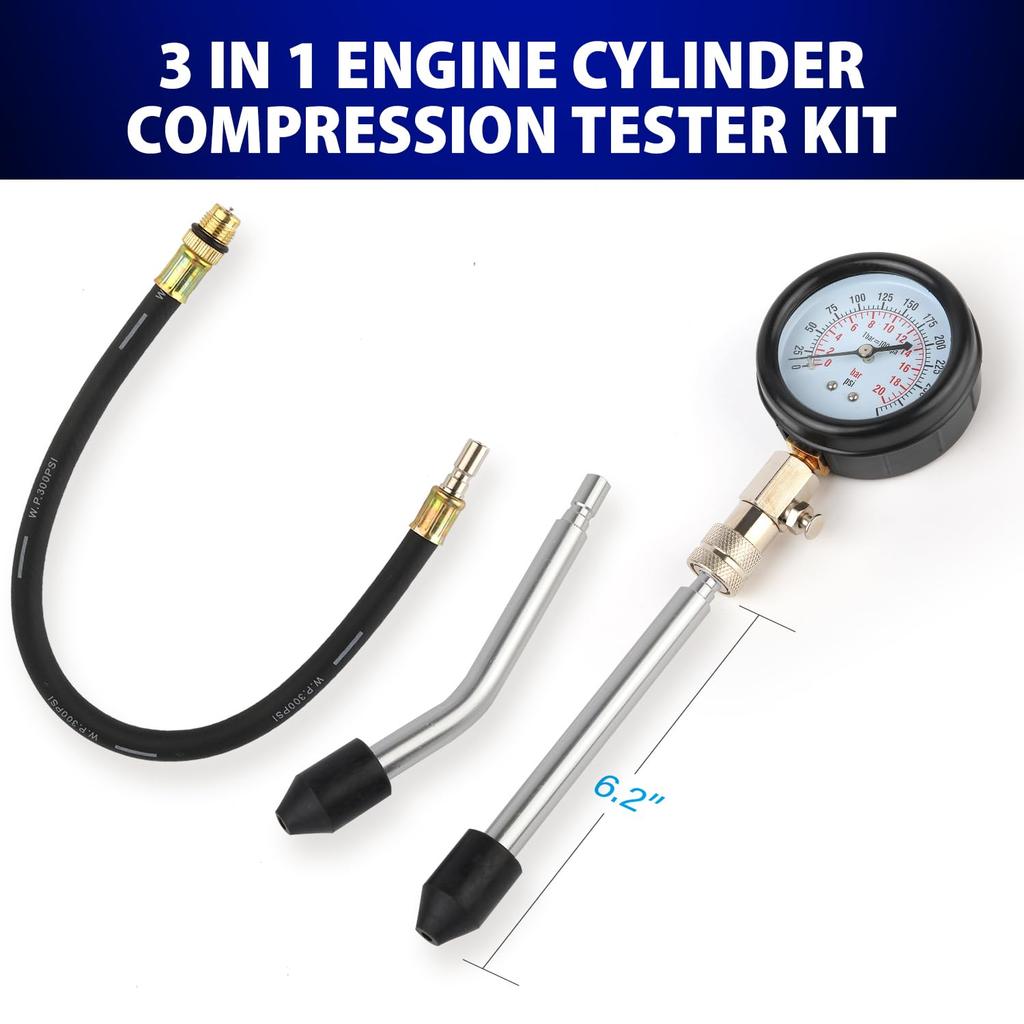Compression Tester, 8Pcs Engine Compression Tester Kit Professional Petrol Gas Engine Cylinder Pressure Gauge 0-300 PSI Automotive Tool For
