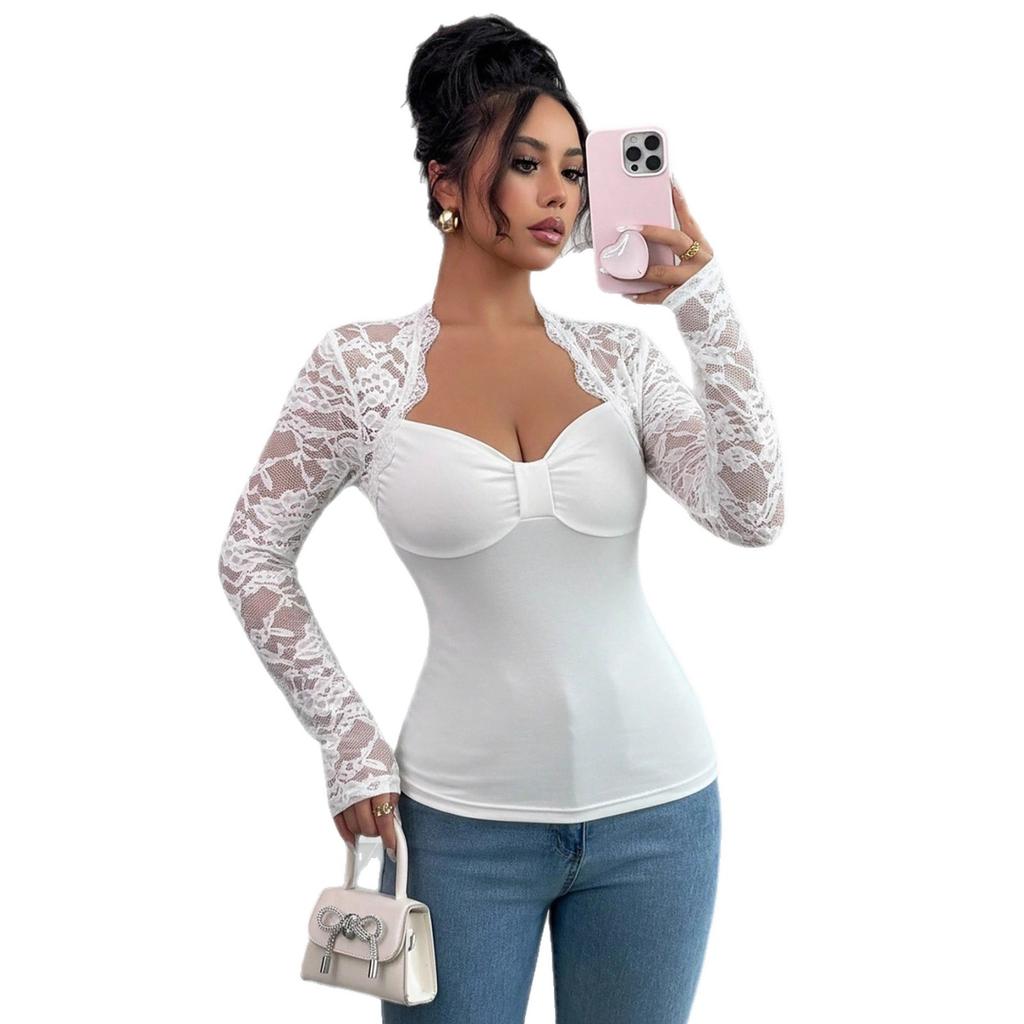 Spring Lace Patchwork Knit Long Sleeve Slim Flattering T Shirt Top Women Fashion Daily Basic Office Lady Casual Slim Fit Ladies Elegant Top