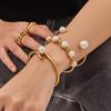 18k Gold-Plated Freshwater Pearl Open Cuff Bracelet, Simple and Elegant Design, Copper Material