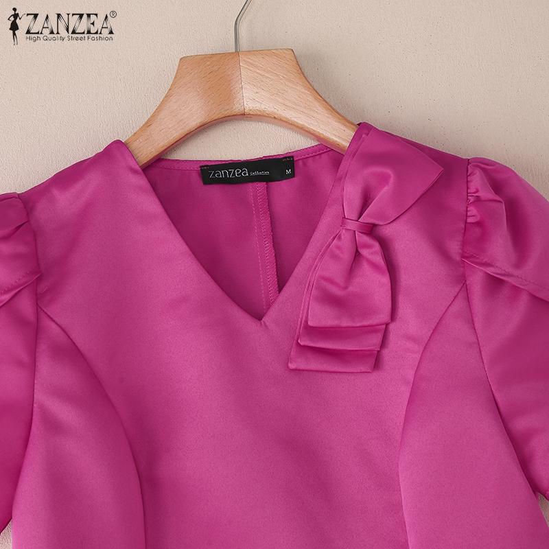 ZANZEA Women Casual V-Neck Summer Short Sleeve Satin Blouse