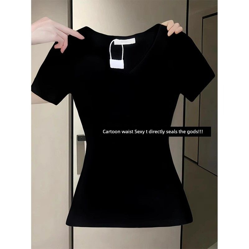 

V Neck Shoulder Waist Trimming Short-Sleeved Summer Silm Tops T-Shirt Black S