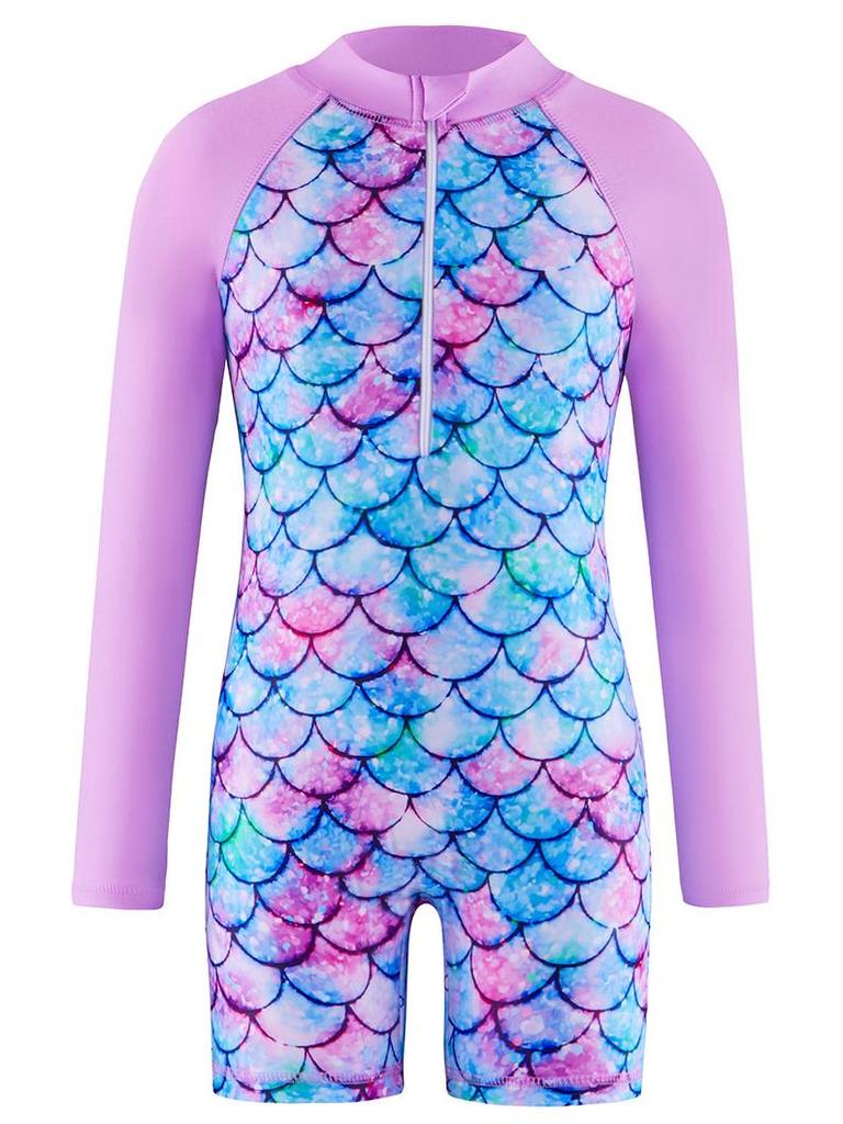 Long Sleeve Mermaid One-Piece Girls' Swimsuit with Sun Protection