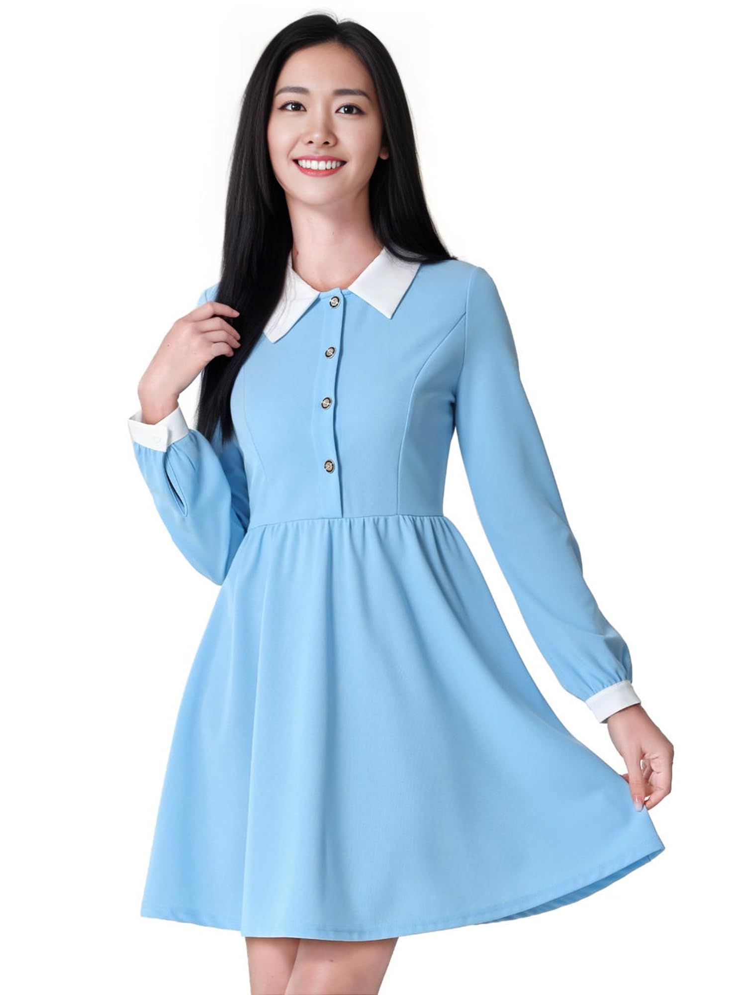 

Allegra K Women s Light Blue Short Dress with Long Sleeves, A-Line, Vintage Design, Round Collar, and Contrast Half Placket, Size S