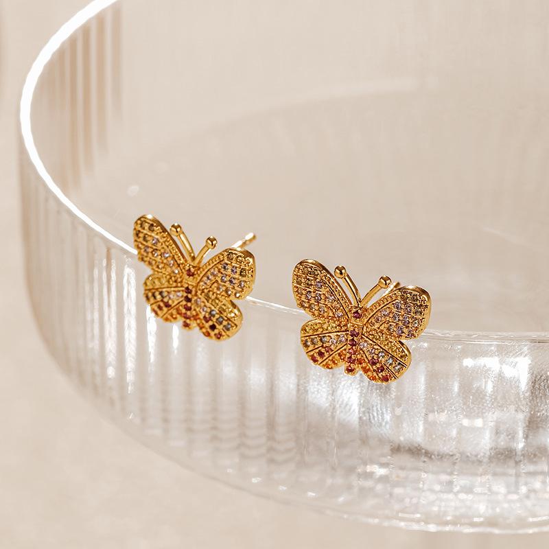 Fashion Small Delicate 18k Gold Plated Colorful Zircon Butterfly Stud Earrings For Women
