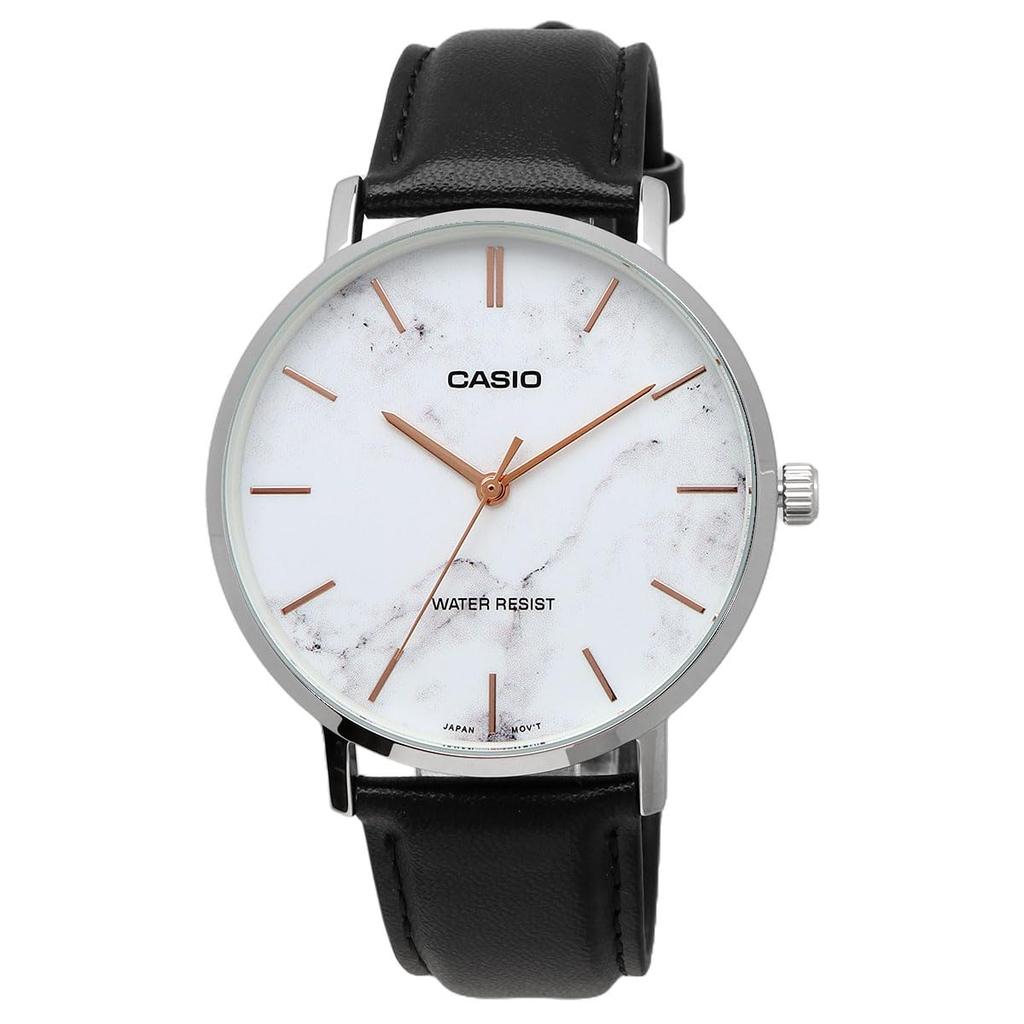 CASIO Quartz Men's Watch MTP-VT01LM-7A White Marble × Black Leather Band