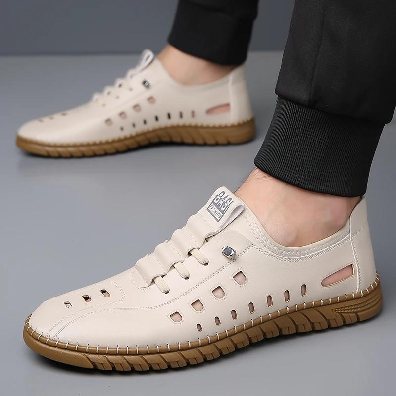 Fashion Summer New Men Slippers Hollow Out Shoes Cow Leather Soft Sole Sandals Outdoor Trekking Sandals Comfortable Beach Leather Shoes