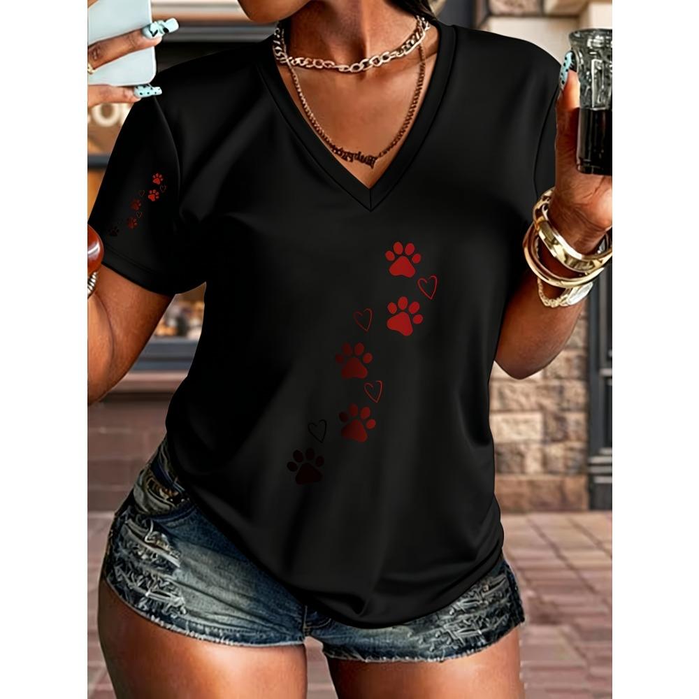 V-neck Printed T-shirt Cute Paw Print and Love Embellishment Casual Fashion Design, New In Summer