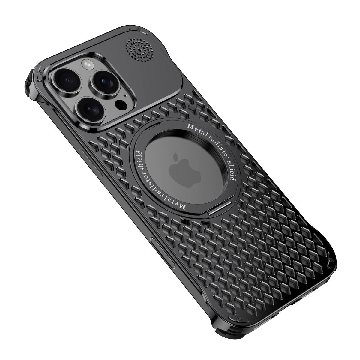 

R-JUST RJ64 For iPhone 16 Pro Max Magnetic Case Aluminum Alloy Perfume Cooling Phone Cover with Rotating Kickstand Black