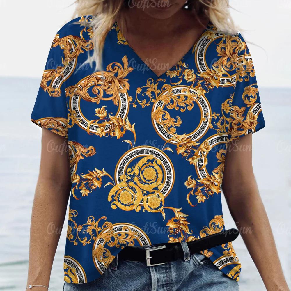 Camiseta feminina da moda verão 2024, estampa dourada, decote em V, tops, camisetas femininas, manga curta de luxo, roupa feminina, vintage, streetwear