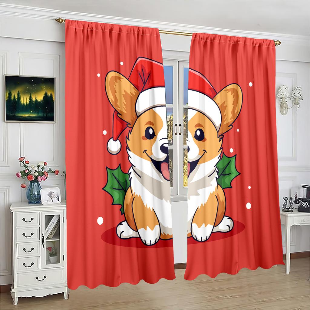 2 Pieces - Christmas - Dog - Printed Curtain - Polyester Material - Suitable for Bedroom, Living Room, Study Private Curtain