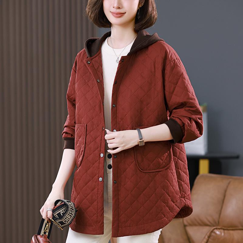 Women's 2024 Autumn/Winter Hooded Cotton Jacket – Loose, Quilted Diamond Pattern, Casual Fashion for Middle-Aged Moms