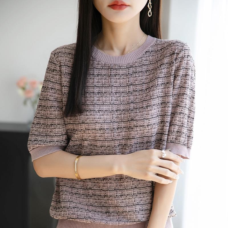 New Summer Women's Knitted Sweater with A Round Neck Thin and Color-blocked Short-sleeved T-shirt