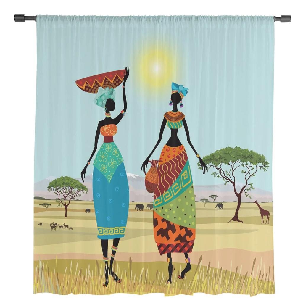 Afrikanische Frauen Ethnische Giraffe Elefant Tüll Vorhänge Für Wohnzimmer Chiffon Voile Sheer Fenster Vorhang Für Schlafzimmer