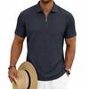 Men Vertical Cable Knit Half Zip Polo Shirt Short Sleeve Solid Slim Fit Casual Top