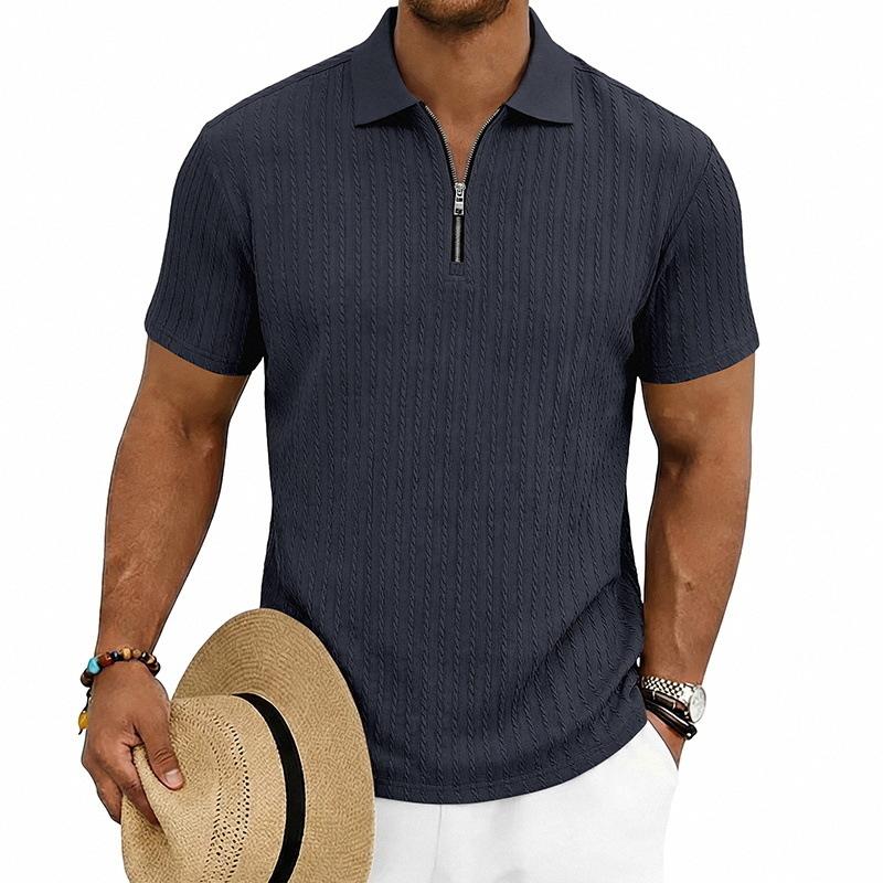 Men Vertical Cable Knit Half Zip Polo Shirt Short Sleeve Solid Slim Fit Casual Top