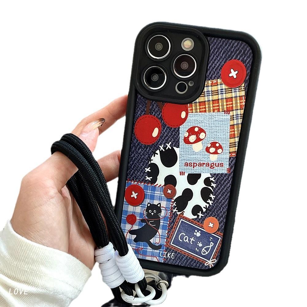 Cute Denim Cat Lanyard Soft Shell Suitable for Iphone16 Mobile Phone Case Apple 15 14 Protective Case 13 Full Cover Shell