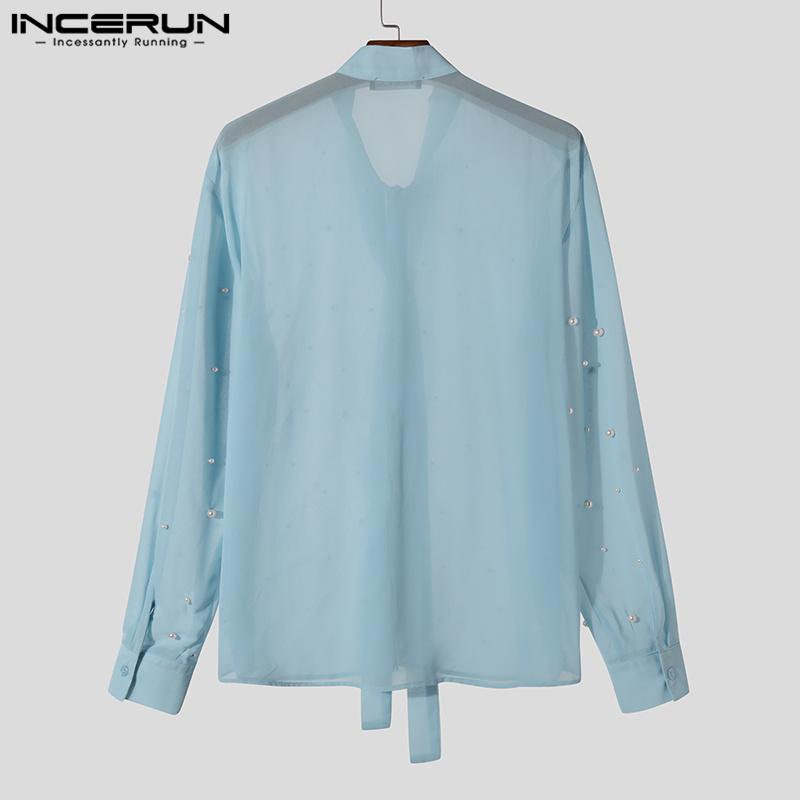 INCERUN Men Lace Up Neck Pearl Decoration Mesh Long Sleeve T-shirts Tops