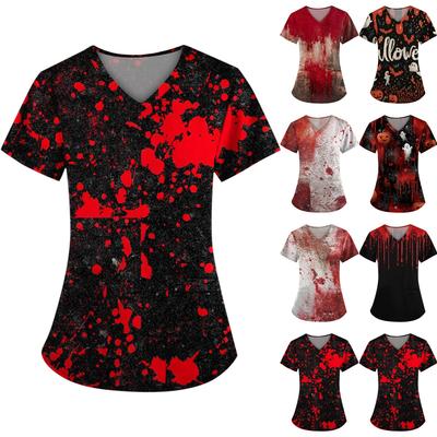 Plus SizePrinted Scrub Working Uniform Tops For Women's Cross V-Neck Halloween Print Short Sleeve Fun T-Shirts Workwear Tee With Pockets