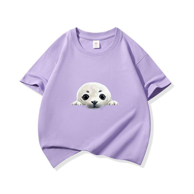 Kids Cotton T Shirt Cute Peeking Seal Print Crew Neck Short Sleeve Tee Casual Breathable Boys Girls Summer Tops
