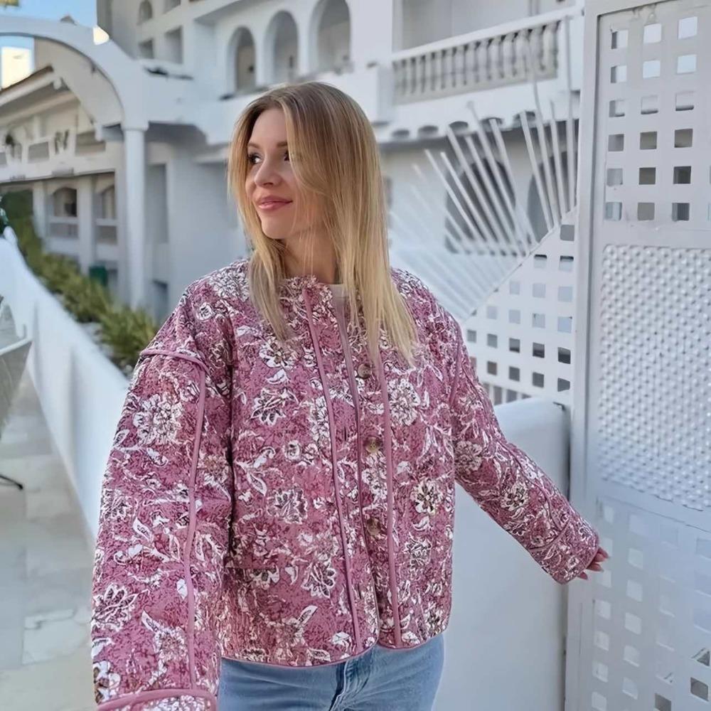 VAYLA Schicke Damen Baumwolljacken mit floralem Druck Elegant Einreihig Stehkragen Lässige Mäntel Herbst Winter Damen Stepp-Oberbekleidung