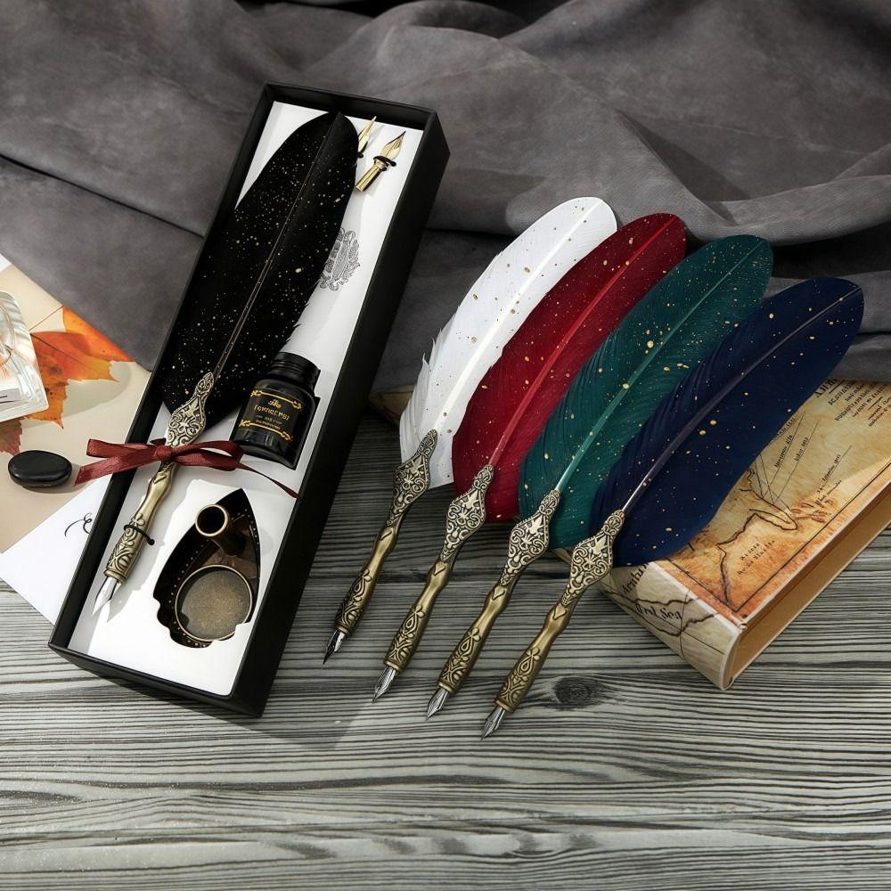 Vintage Calligraphy Feather Dip Fountain Pen Sets Ink Stationery Quill Retro Writting Pen Seal Wax Gift School Office Supplies