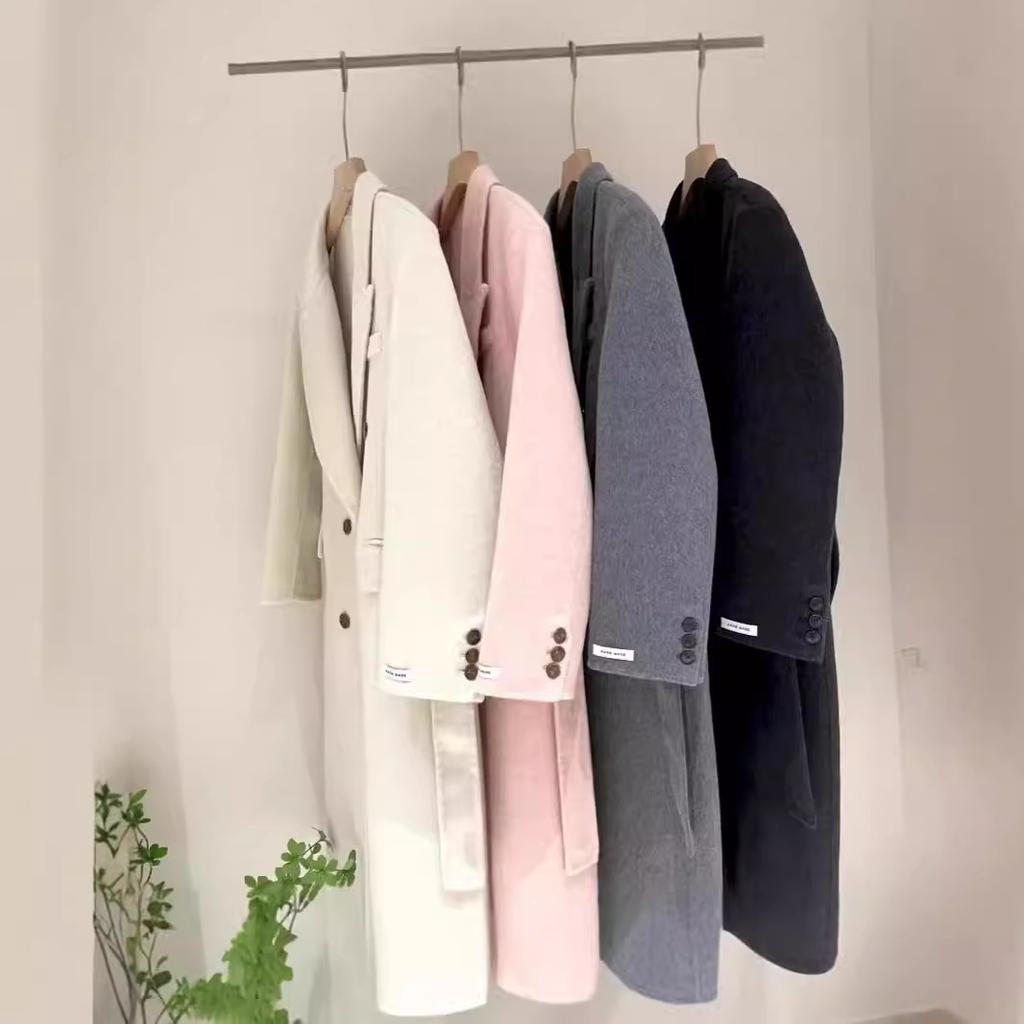 Autumn and winter belt double-sided fleece wool coat women's commuting Hepburn woolen thickened long barred collar jacket