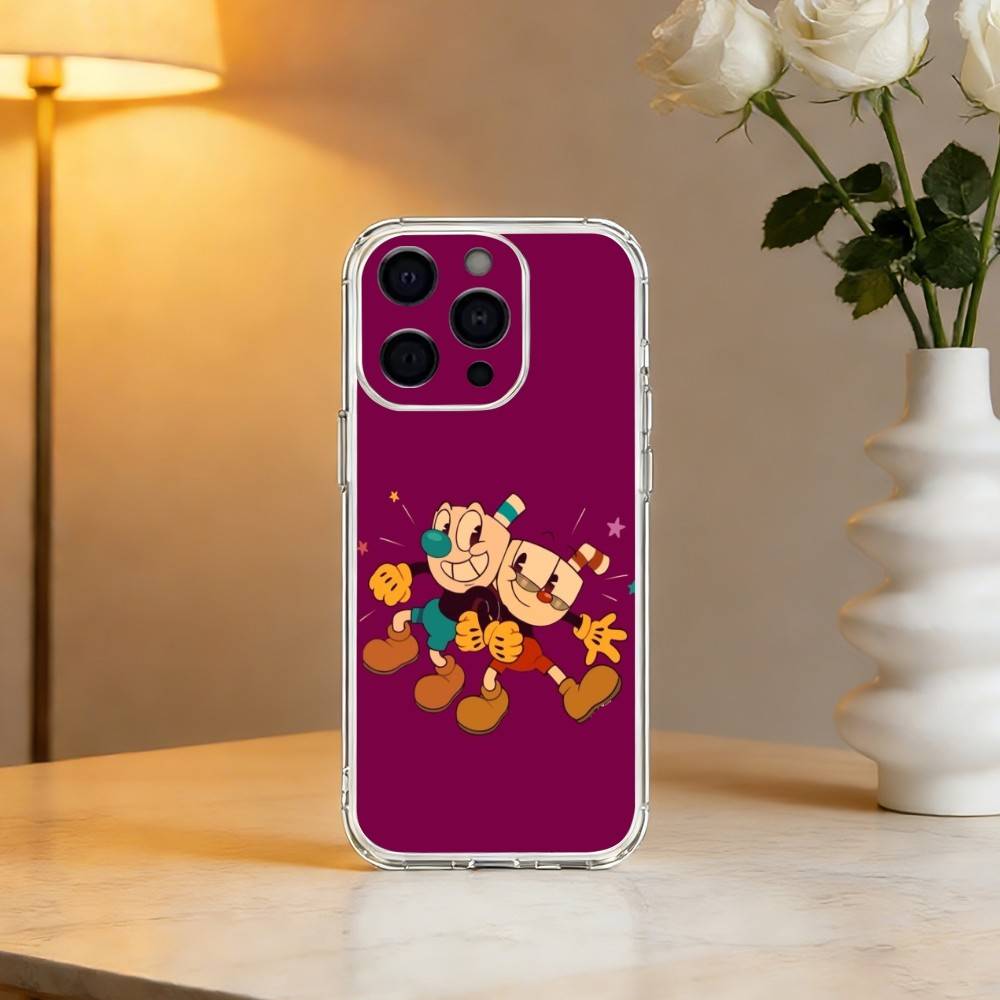 Cute CupHead And MugMan Phone Case For iPhone 17 16 15 14 13 12 11 Mini Pro Max Plus Transparent Cover