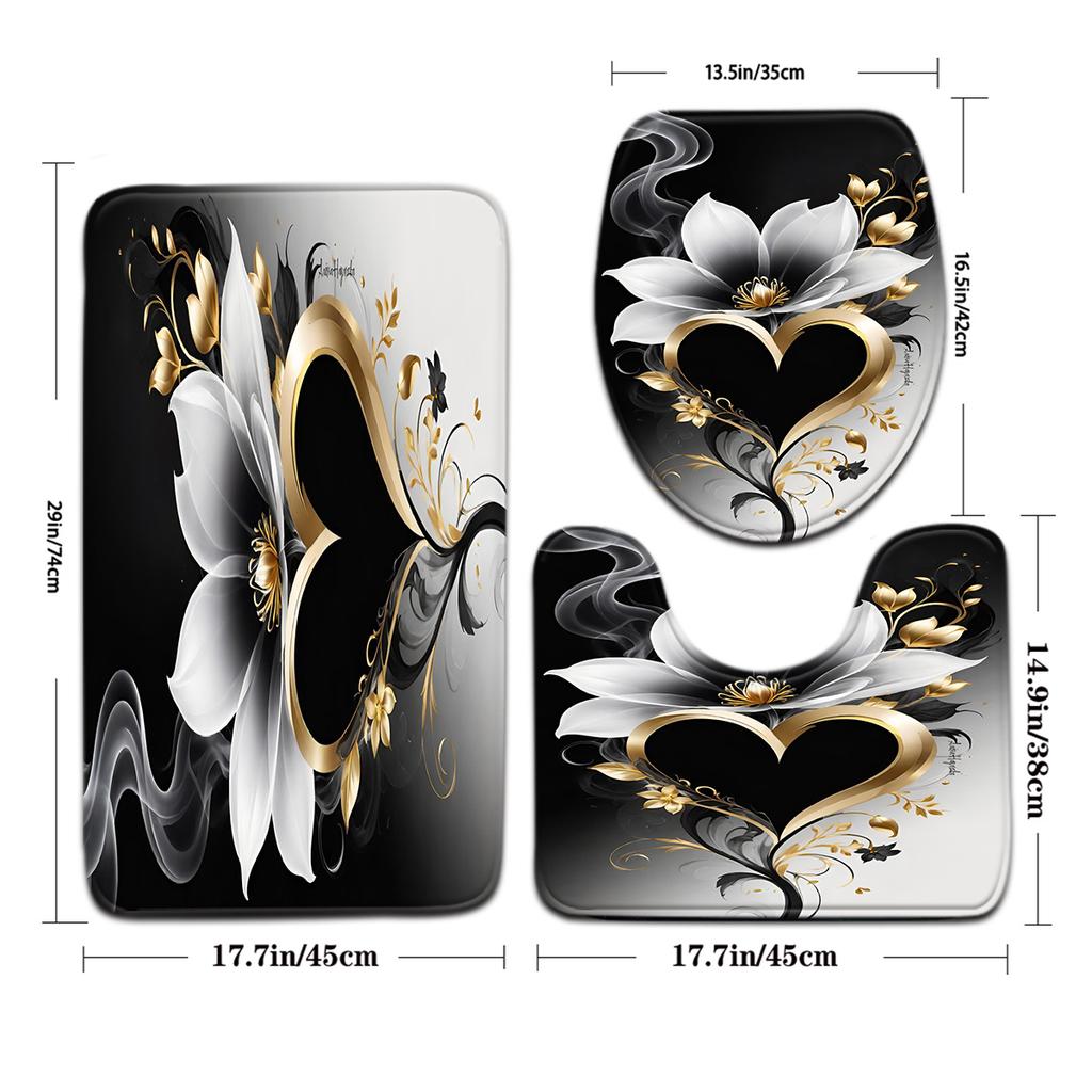 3pcs Elegant Black Golden Floral Bath Mat Set - Non-Slip, Fade-Resistant Polyester Floor Mats for Toilet Bathtub  Shower Area