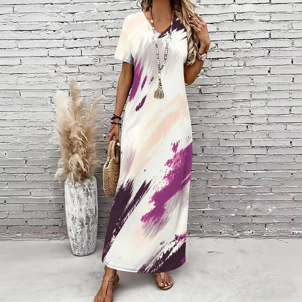 Women Plus Size V Neck Short Sleeve Printed Straight Maxi Dress