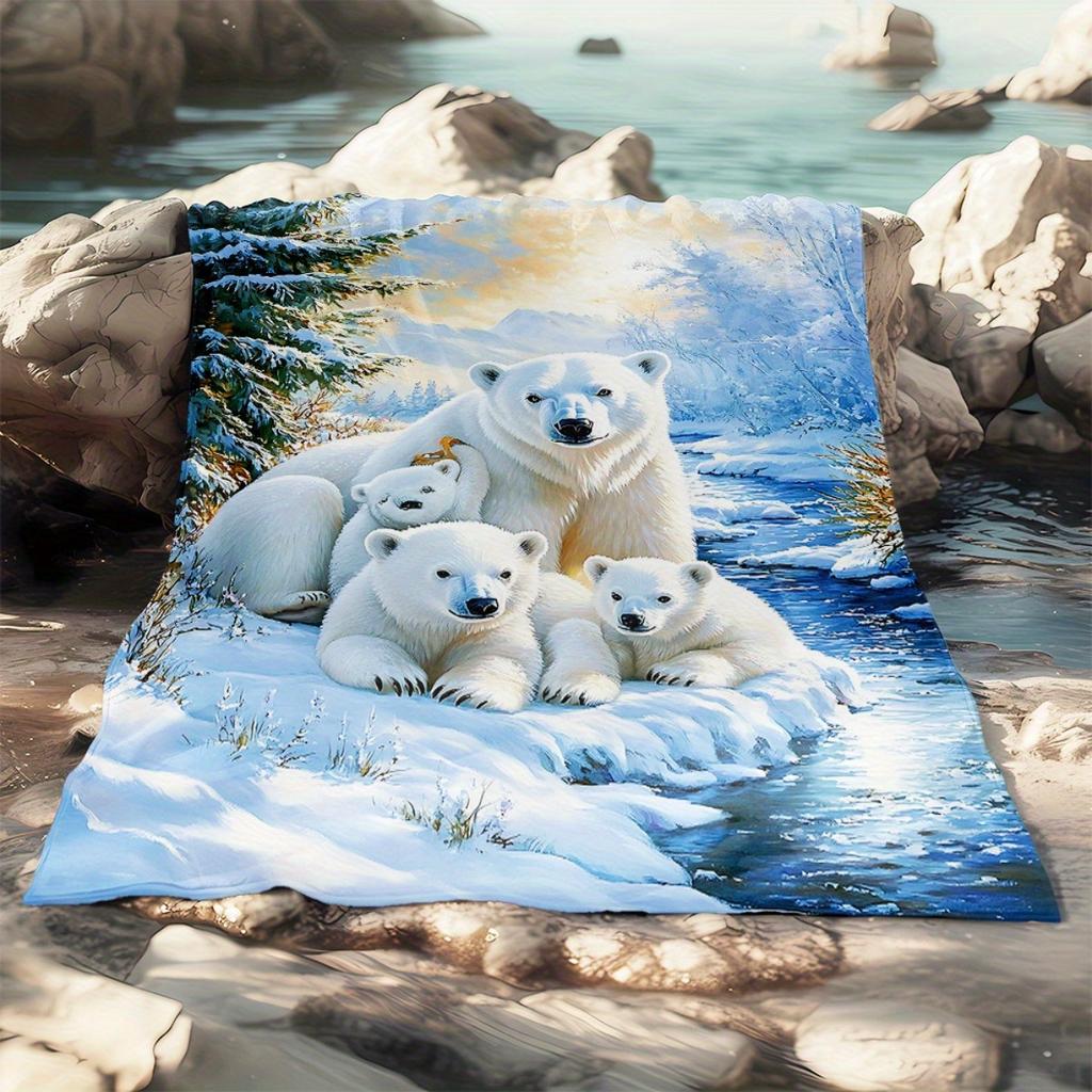 Snowy Forest Polar Bear Print Flannel Blanket Soft Lightweight for Sofa Camping Travel Office Use