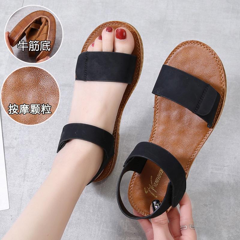 Beef Tendon Sole Sandals Flats 2025 Summer New Shoes Student Roman Shoes Beach Shoes Soft Sole One-word Women's Shoes