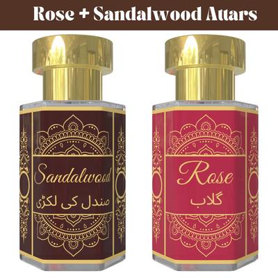 Roos Attar en Sandelhout Attar Combo – Bloemige & Zachte Houtachtige Geuroliën | Alcoholvrije Unisex Roll-On Parfum Set | 2 x 6 ml