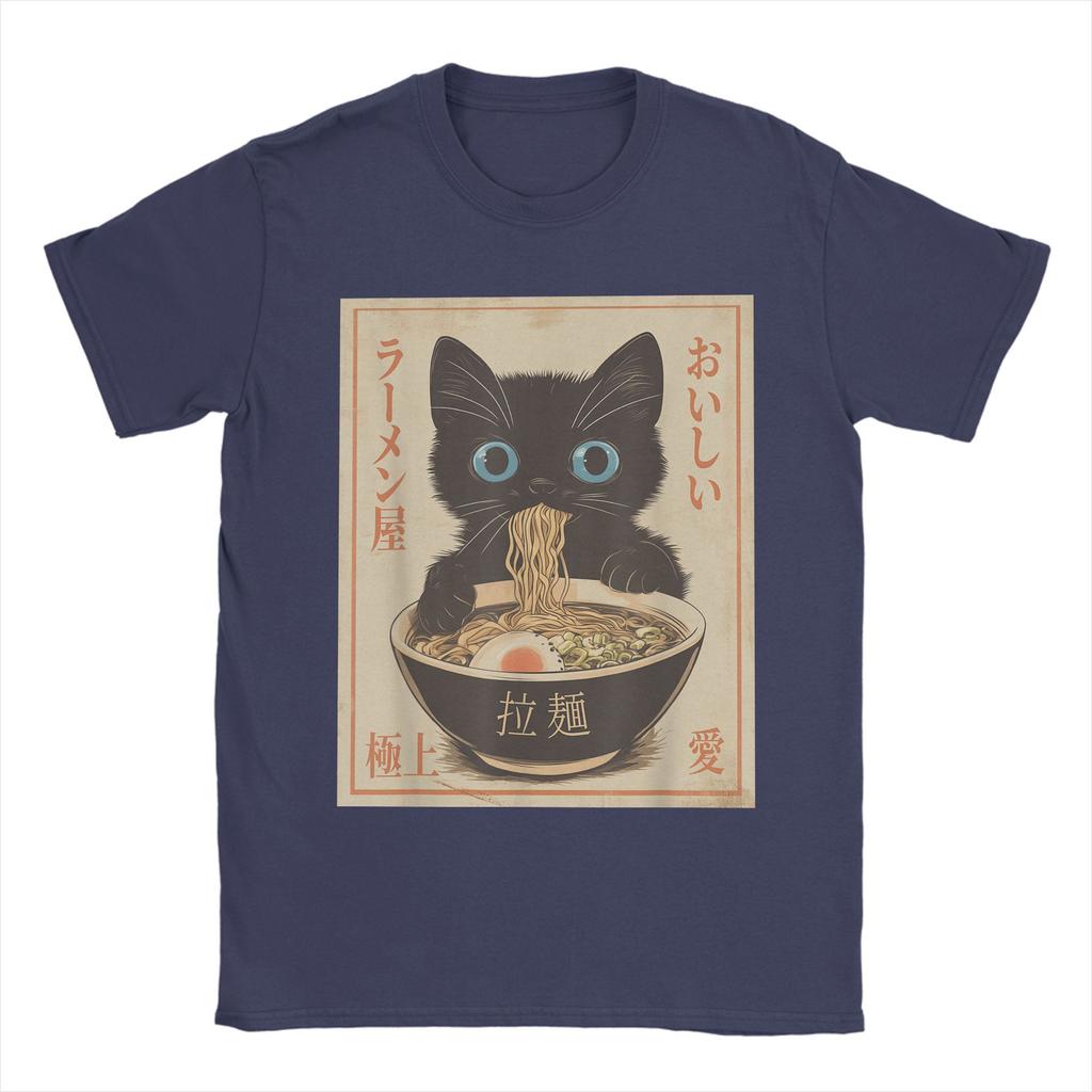 Japanese Black Cat Ramen T-Shirts Men Kawaii Noodle Cat Vintage Pure Cotton Tees O Neck Short Sleeve T Shirts Gift Idea Tops