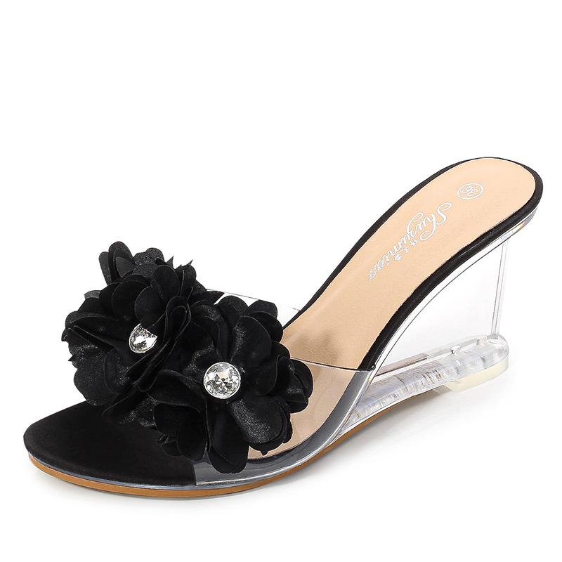Fashion 8cm High Heels Women Summer Fashion Flower Simple Wedge Sandals Transparent Heel Slippers, Comfortable Design for Casual shoes
