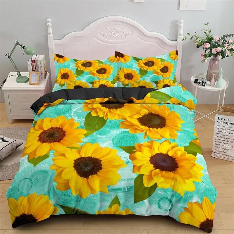 Sunflower Duvet Cover Yellow Flower Bedding Set Single King Microfiber Farmhouse Green Leaves Floral Quilt Cover With Pillowcase
