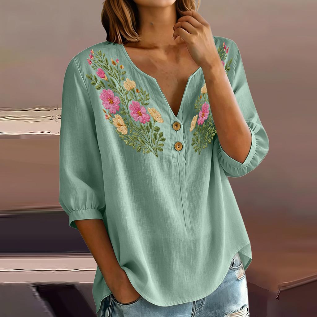 Women Floral Pattern Henley Button Neck Shirt Three Quarter Sleeve Casual Cotton Linen Blouse Lightweight Breathable Top