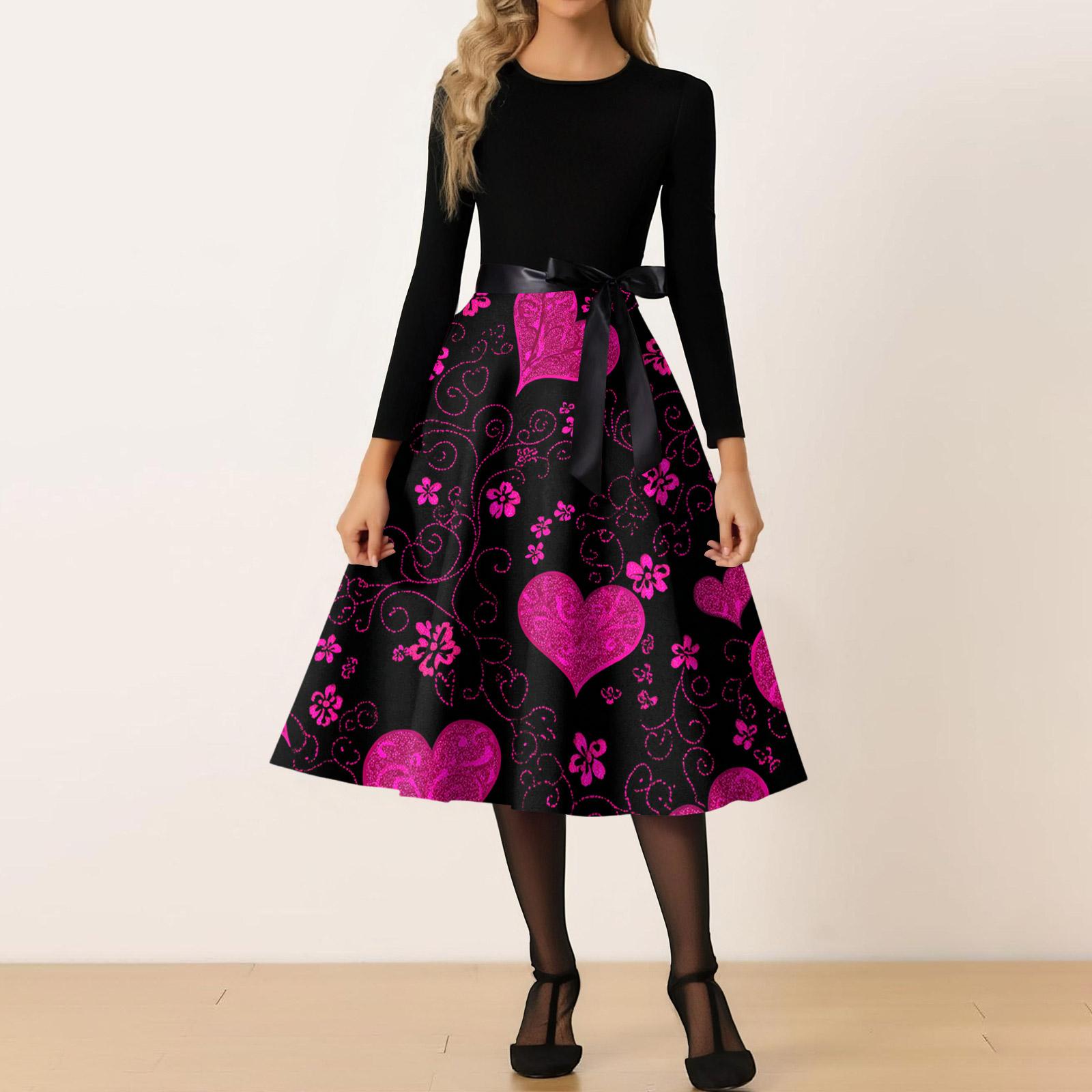 

Women s Casual Fashion Round Neck Valentine s Day Printed Retro Dress XL червоний