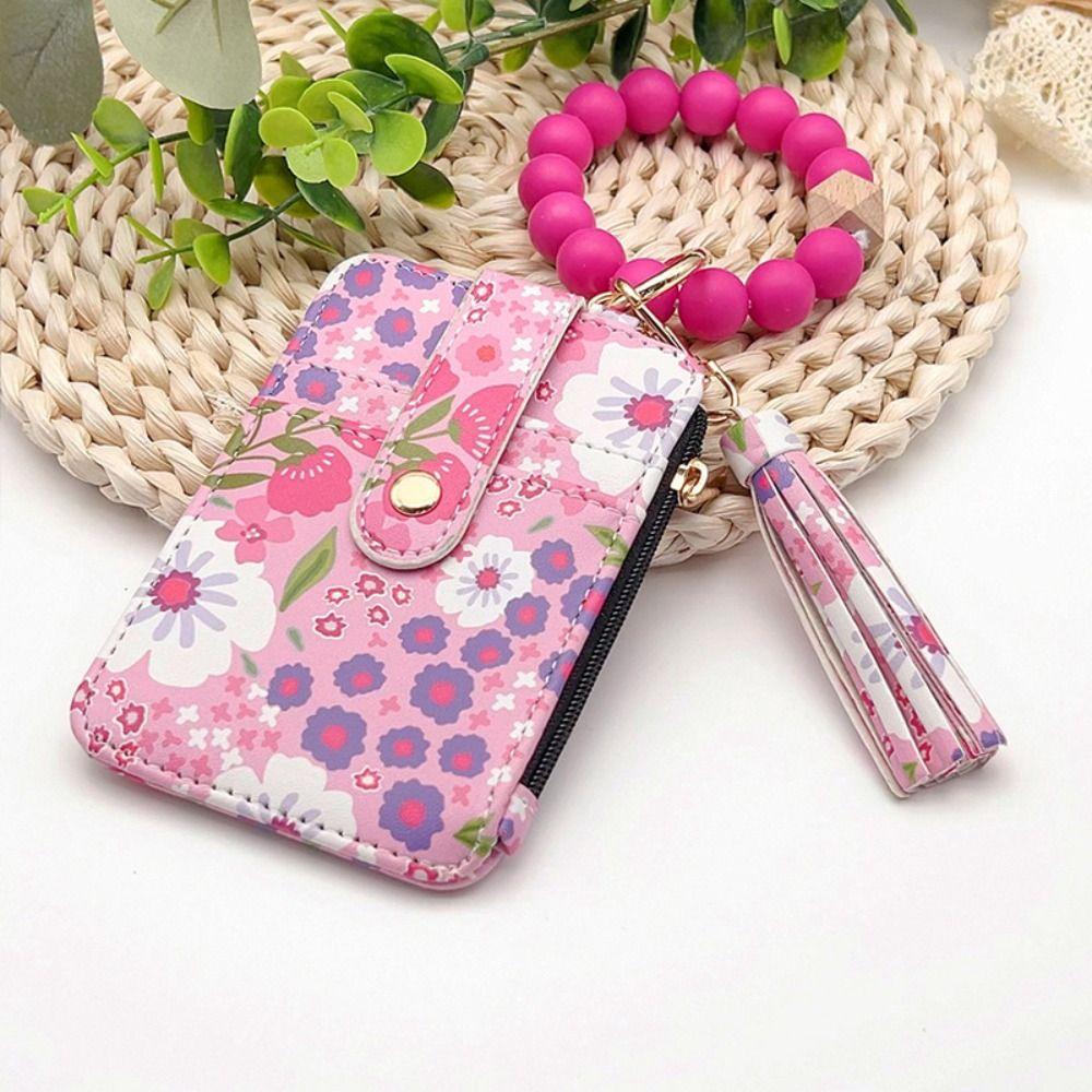 Boho Style Wristlet Wallet Keychain Fragmented Design Leather Card Bag Keychain  Women's Accessory